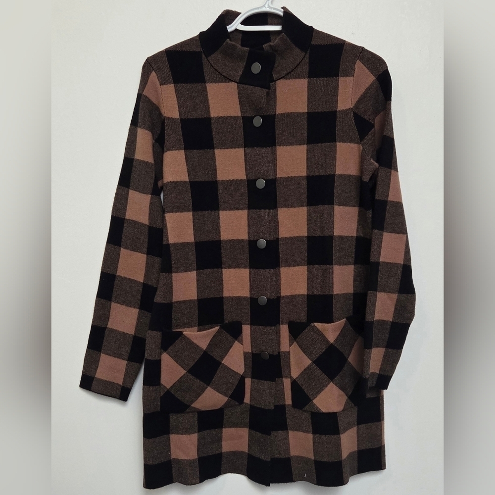 Max Studio Sz S Viscose Blend Plaid Tan& Black Button-Up Pocket Long Jacket Coat